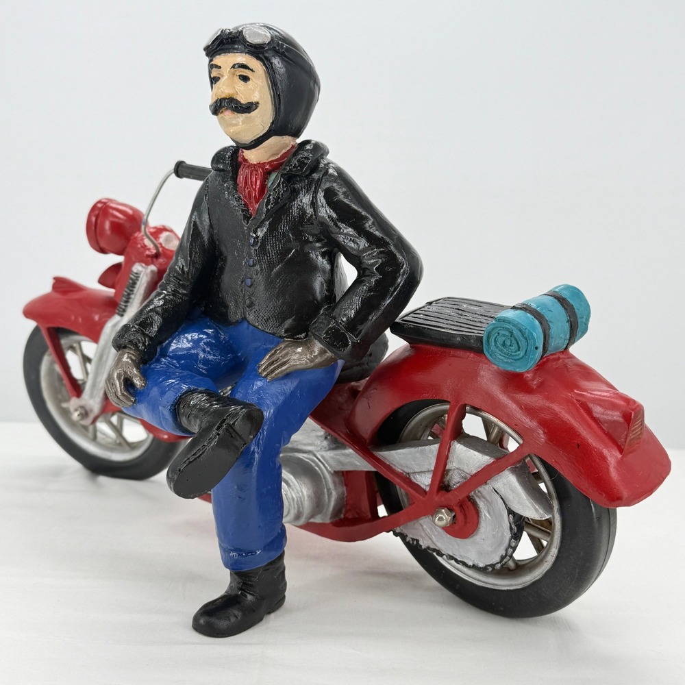 Vintage Style Cast Iron Motorcycle Rider Figurine Red Cruiser Biker‎ Statue 16in